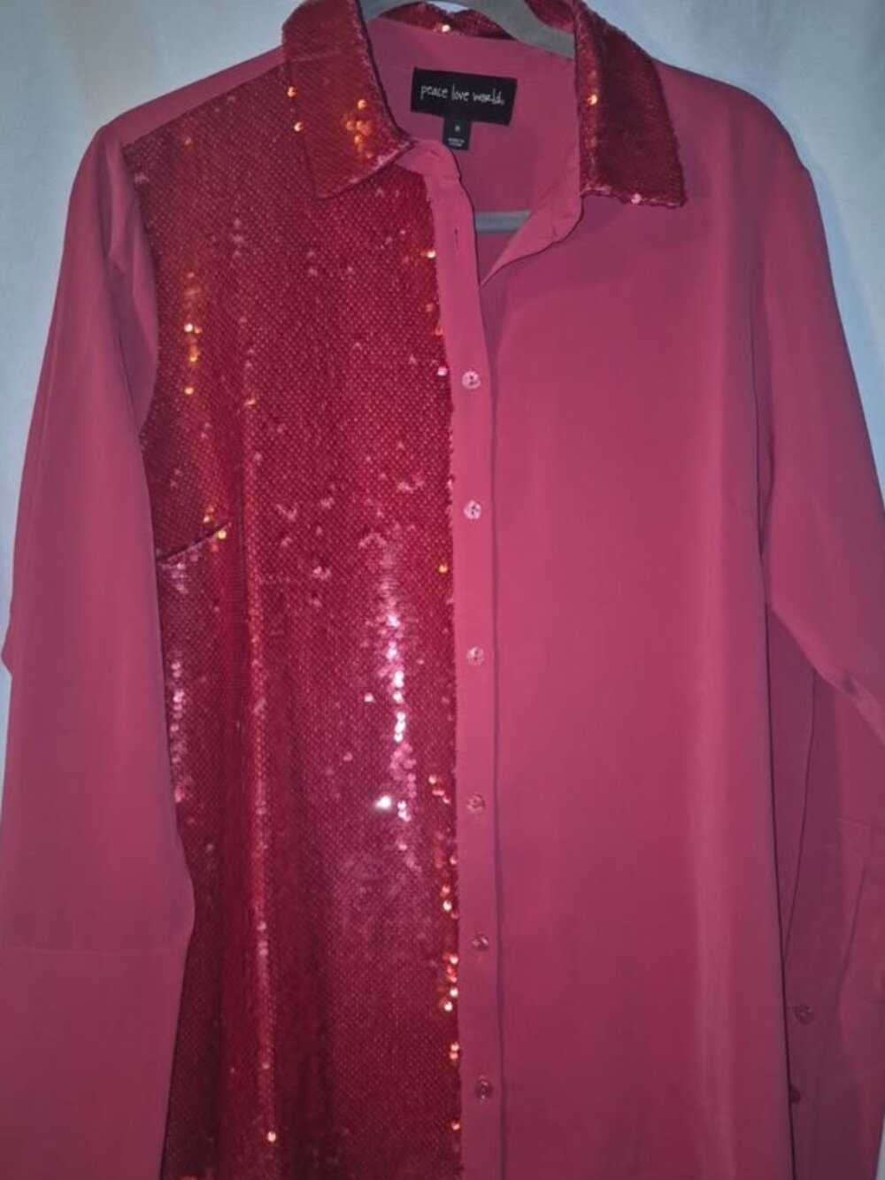 Peace Love World Sequined Long Sleeve Blouse